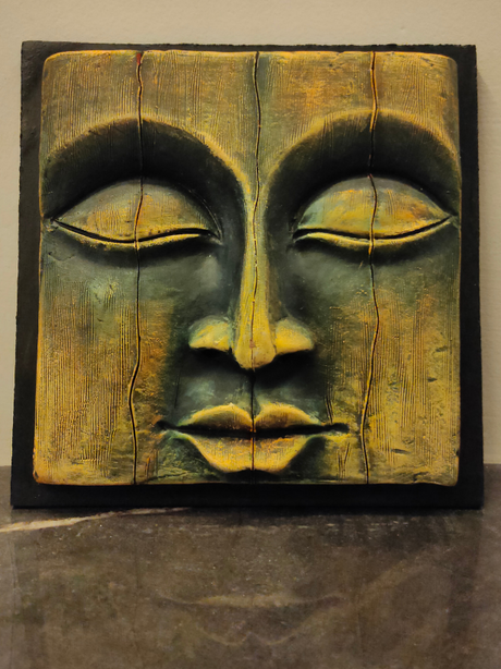Handcrafted Terracotta Clay Buddha Face on a Wooden Frame