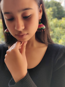 Red and Green Traditional Terracotta Jhumka Earrings