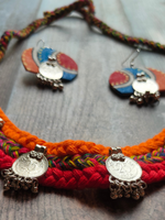 Load image into Gallery viewer, Braided Fabric Threads Vintage Coins Necklace Set with Hand-Painted Earrings
