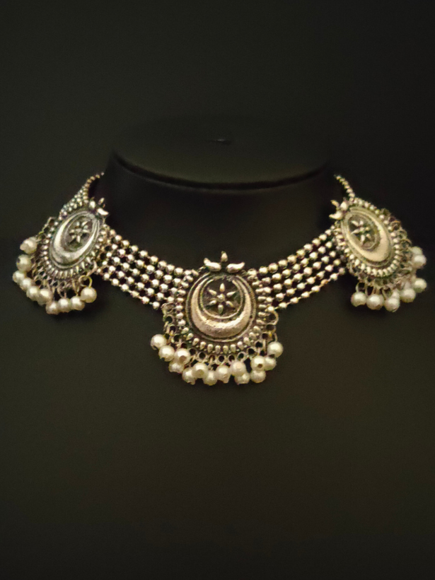 Oxidised Silver Choker Necklace Set (with White Beads)