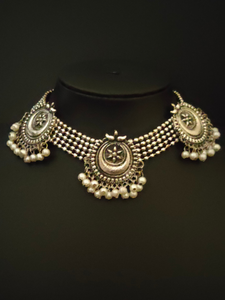 Oxidised Silver Choker Necklace Set (with White Beads)
