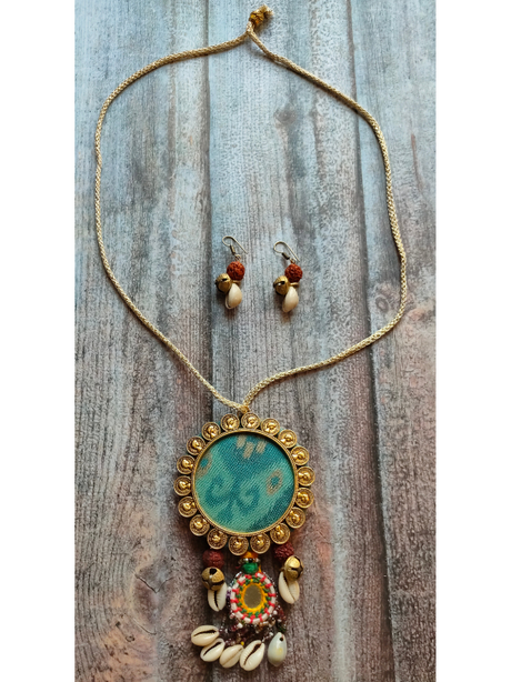 Handcrafted Fabric Necklace Set with Shells and Rudraksha