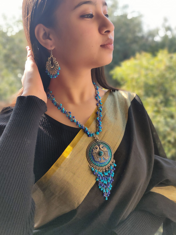 Oxidised Silver Turquoise and Blue Beads Peacock Necklace Set