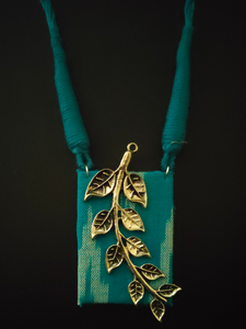 Ikat Printed Fabric Necklace Set with Metal Leaves Detailing