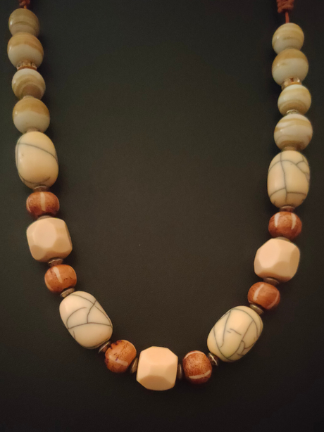 Wooden and Ceramic Beads Necklace with Thread Closure