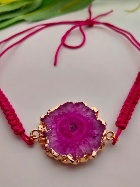 Natural Fuchsia Agate Stone Marble Rakhi with Gold Detailing
