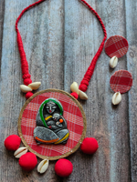 Load image into Gallery viewer, Fabric, Jute &amp; Shell Work Mother Baby Necklace Set with Thread Closure
