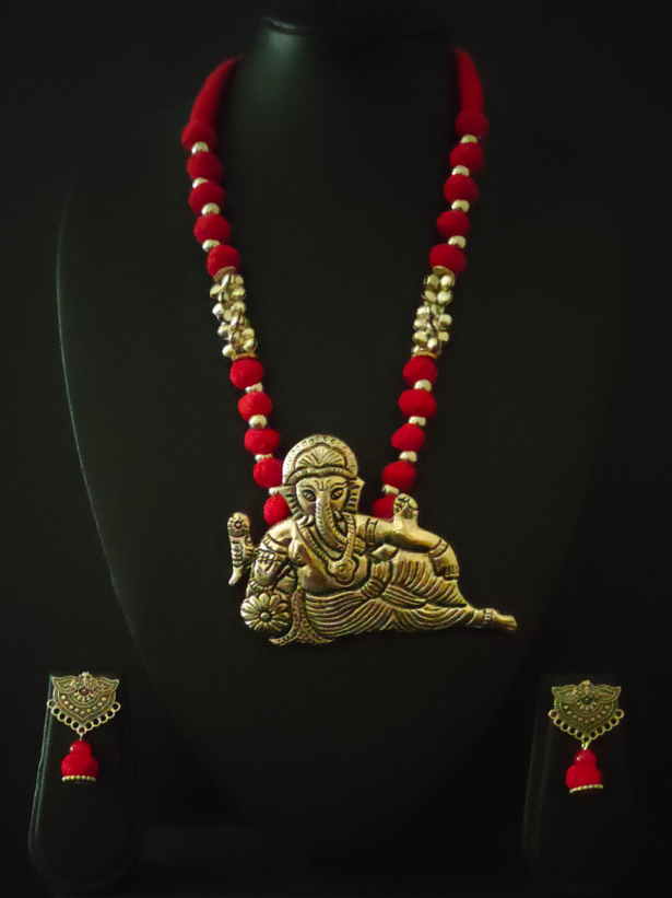Statement Ganesha Necklace with Red Fabric Beads