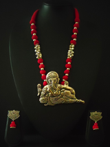 Statement Ganesha Necklace with Red Fabric Beads