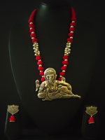 Load image into Gallery viewer, Statement Ganesha Necklace with Red Fabric Beads
