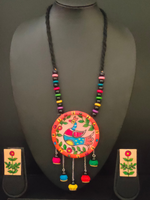 Load image into Gallery viewer, Hand-Painted Peacock on Fabric Necklace Set with Wooden Beads
