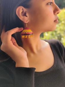 Yellow and Red Traditional Terracotta Jhumka Earrings