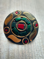 Load image into Gallery viewer, Black, Green and Red Tibetan Ring with Gold Detailing

