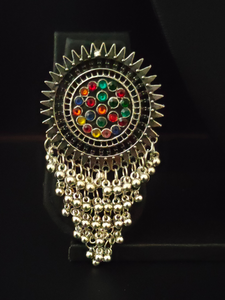 Statement Oxidised Silver Earrings with Colorful Stones and Metal Beads