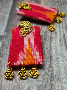 Red Ikat Fabric Necklace Set with Antique Gold Finish Metal Accents