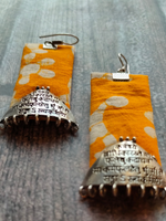 Load image into Gallery viewer, Mantra Printed Metal and Fabric Long Dangler Earrings
