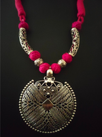 Load image into Gallery viewer, Pink Thread Closure Necklace Set with Fabric Beads and Jhumka Earrings
