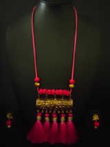 Pink Thread Closure Fabric Beads Antique Gold Finish Necklace Set with Peacock Detailing