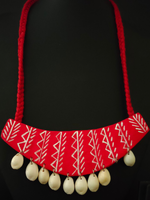 Load image into Gallery viewer, Red Hand Painted Fabric Necklace Set with Shells

