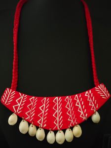 Red Hand Painted Fabric Necklace Set with Shells