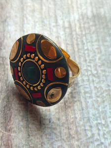 Black and Red Tibetan Ring with Gold Detailing