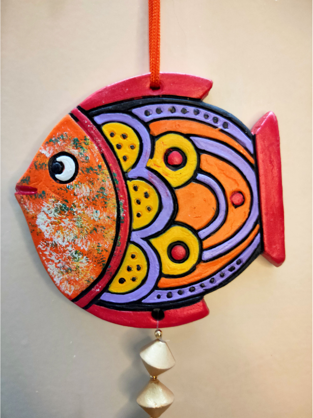 Handmade and Hand-Painted Orange Fish Terracotta Wall Hanging