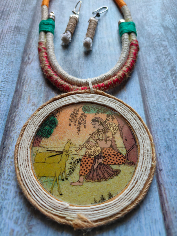 Village Scene Printed Pure Marble and Jute Necklace Set