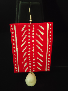 Red Hand Painted Fabric Necklace Set with Shells