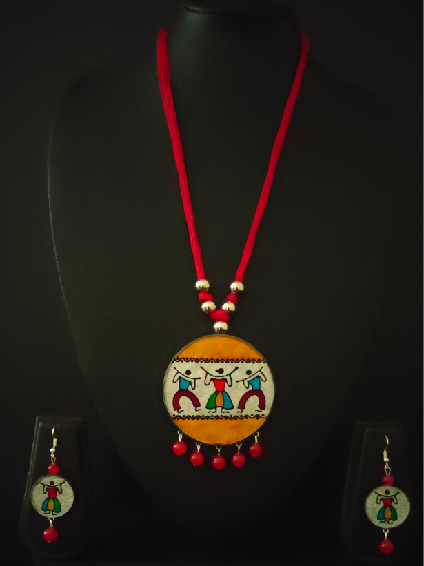 Hand Painted Tribal Motifs on Glass Necklace Set with Thread Closure