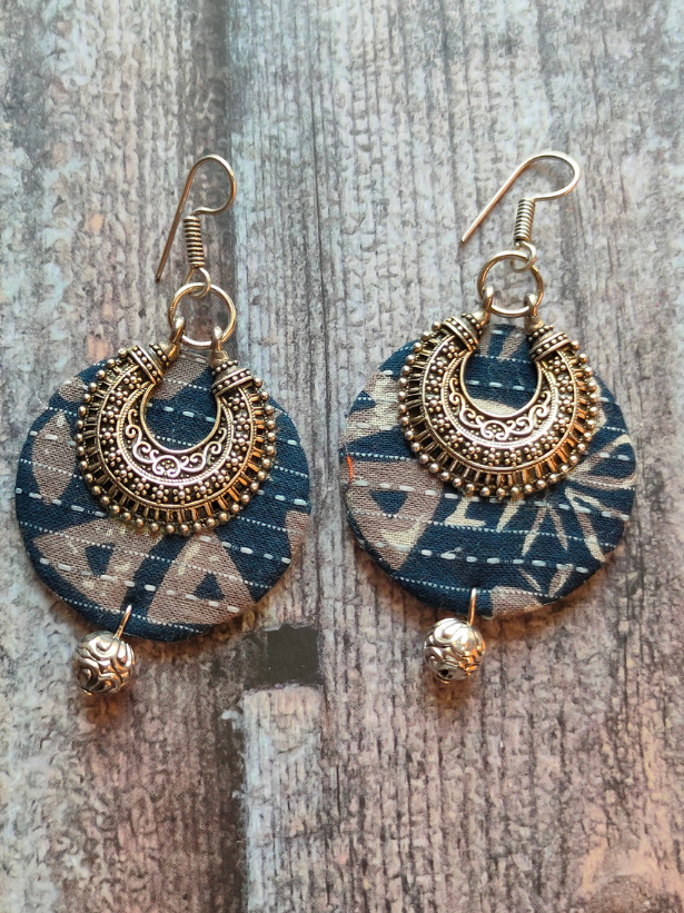 Kantha Work Fabric and Metal Ethnic Earrings