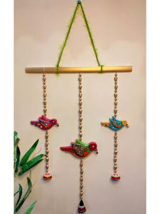 Handmade and Hand-Painted 3 Strands Floral Birds Terracotta Wall Hanging