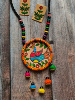 Load image into Gallery viewer, Hand-Painted Peacock on Fabric Necklace Set with Wooden Beads
