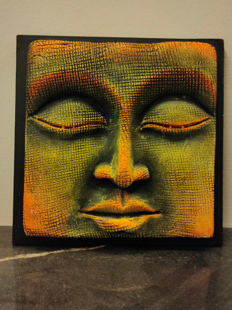 Handcrafted Terracotta Clay Buddha Face on a Wooden Frame Wall Decor