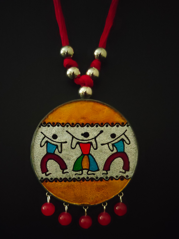 Hand Painted Tribal Motifs on Glass Necklace Set with Thread Closure