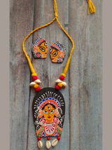 Hand Painted Durga Fabric Necklace Set with Shells