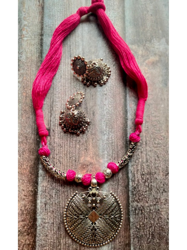 Pink Thread Closure Necklace Set with Fabric Beads and Jhumka Earrings