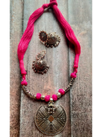 Load image into Gallery viewer, Pink Thread Closure Necklace Set with Fabric Beads and Jhumka Earrings
