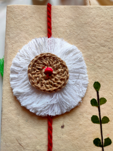 Eco-Friendly Handmade Jute & Cloth Rakhi with Dried Leaves and Flower Petals (Comes with a Reusable Cloth Pouch and Recycled Paper Card)
