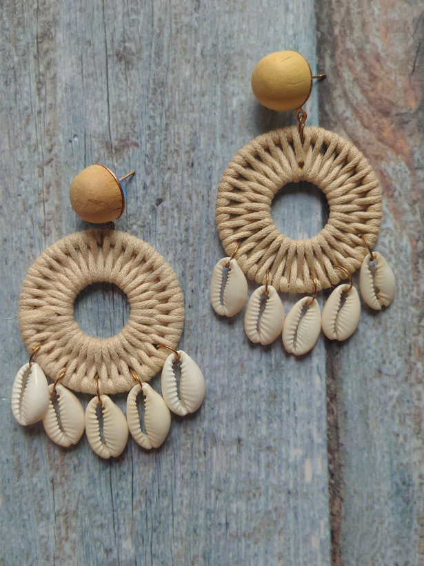 Woven White Rope and Shell Earrings