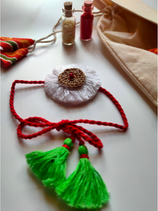 Eco-Friendly Handmade Jute & Cloth Rakhi with Dried Leaves and Flower Petals (Comes with a Reusable Cloth Pouch and Recycled Paper Card)