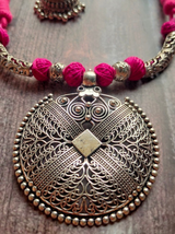 Pink Thread Closure Necklace Set with Fabric Beads and Jhumka Earrings