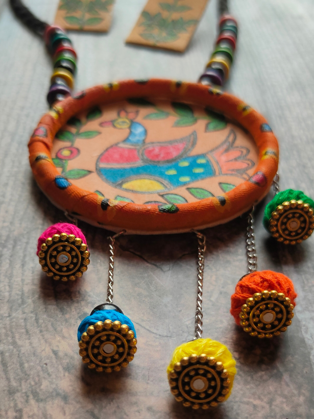 Hand-Painted Peacock on Fabric Necklace Set with Wooden Beads