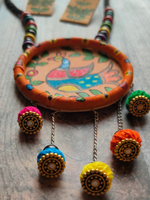 Load image into Gallery viewer, Hand-Painted Peacock on Fabric Necklace Set with Wooden Beads
