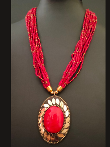 Multi Layer Beaded Necklace with Statement Tibetan Pendant