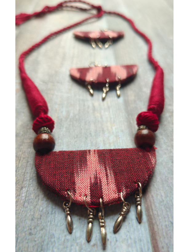 Maroon Ikat Fabric Necklace Set with Wooden Beads and Metal Charms