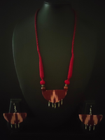 Load image into Gallery viewer, Maroon Ikat Fabric Necklace Set with Wooden Beads and Metal Charms
