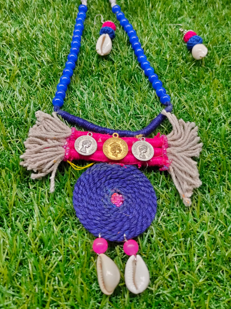 Jute and Fabric Necklace Set with Shells and Glass Beads