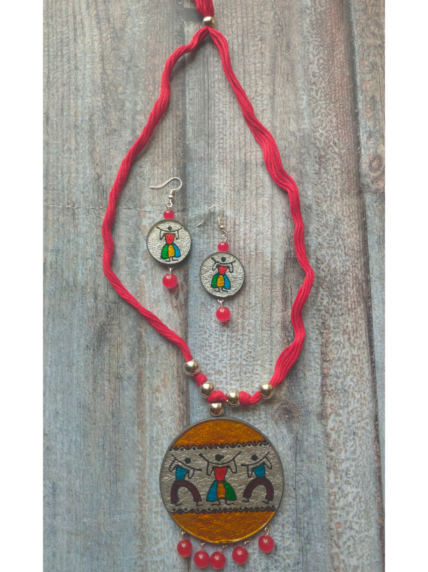 Hand Painted Tribal Motifs on Glass Necklace Set with Thread Closure