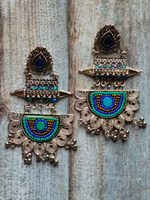 Load image into Gallery viewer, Long Beaded Afghani Earrings with Blue Stone
