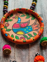 Load image into Gallery viewer, Hand-Painted Peacock on Fabric Necklace Set with Wooden Beads
